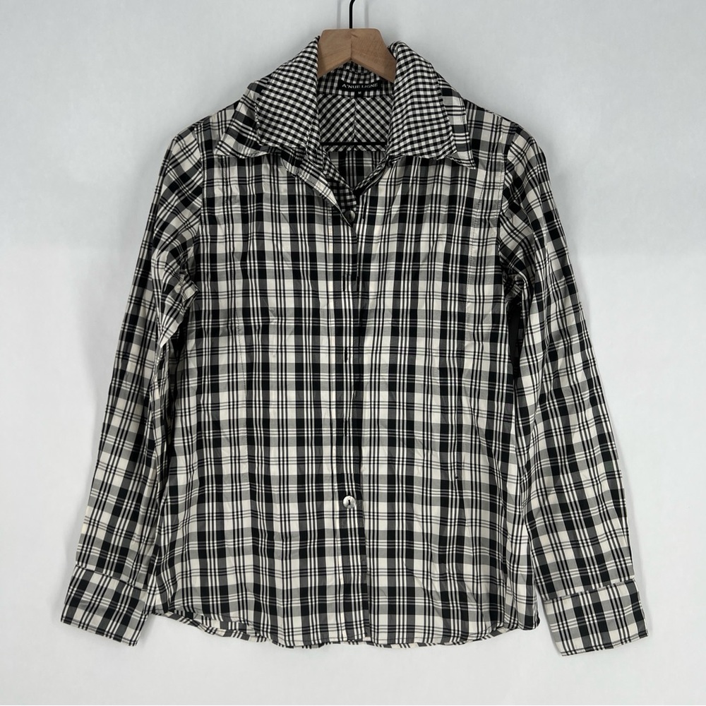 A'Nue Ligne Black White Silk Gingham Layered Double Collared‎ Shirt Size M